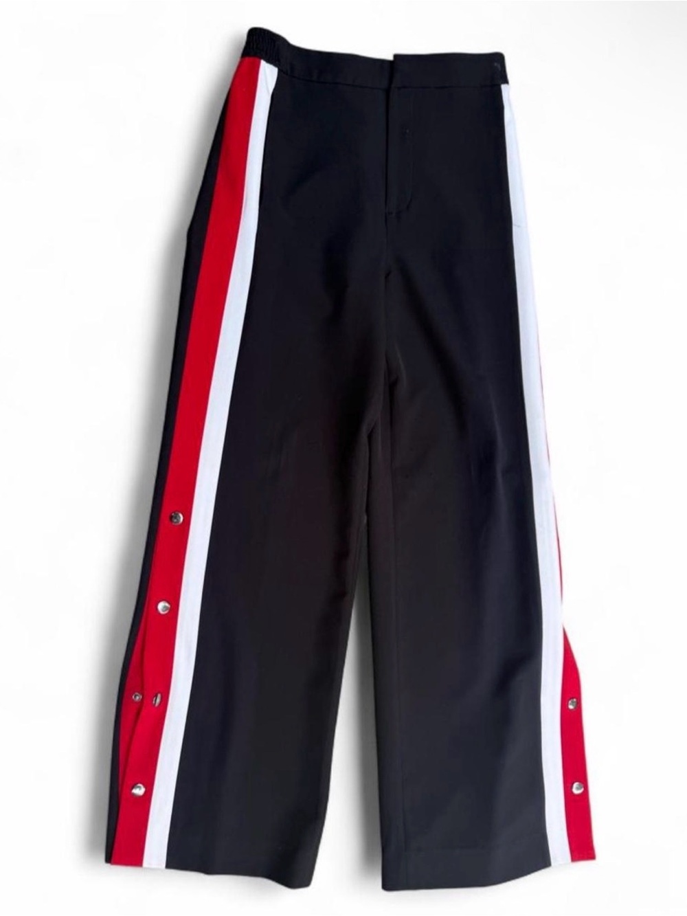Women’s wide leg snap side striped pants black cherry red & black long Sz 8 Y2K
